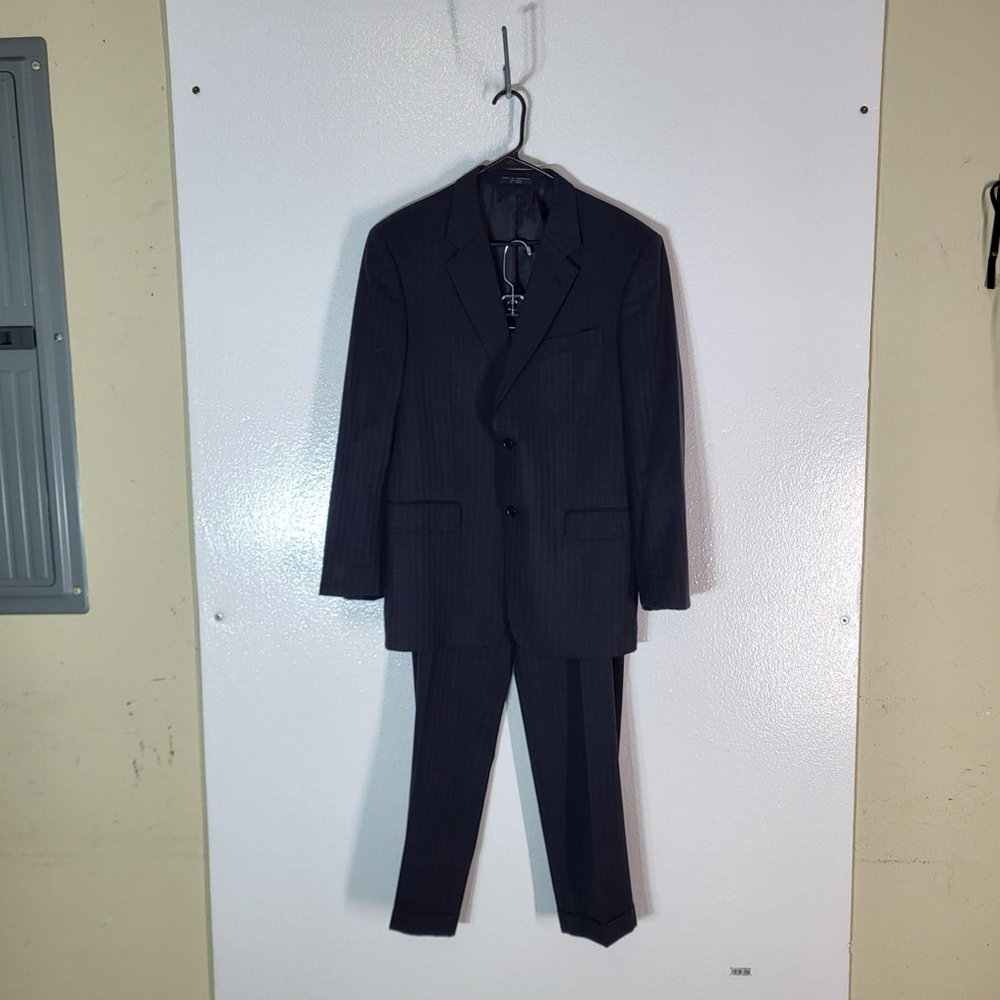 JNY Jones New York Tuxedo Suit Jacket Mens 44L Black Solid 100% Wool Two Buttons